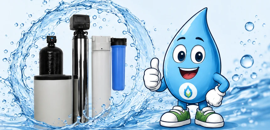 Whole-home water treatment equipment with the ZeroTrace Water mascot